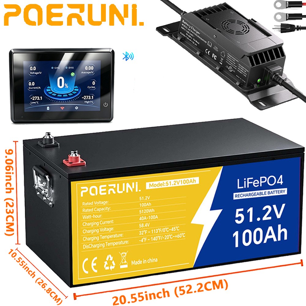 NEW 100Ah 48V LiFePO4 Lithium Battery 5120Wh W/ 58.4V 20A Charger + LCD Monitor