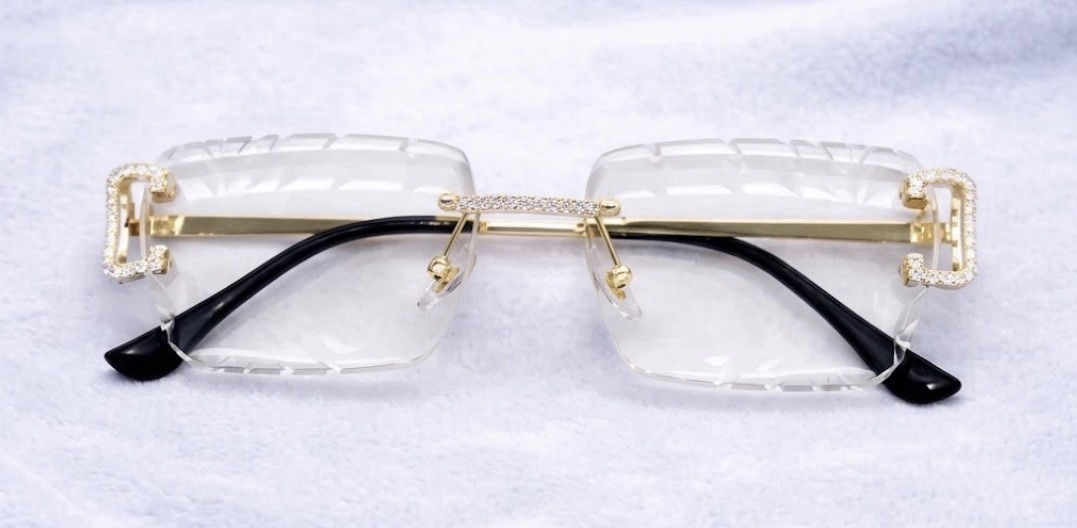 18K Gold Plated Rimless Moissanite Designer Glasses Clear Lens UV400 Luxury