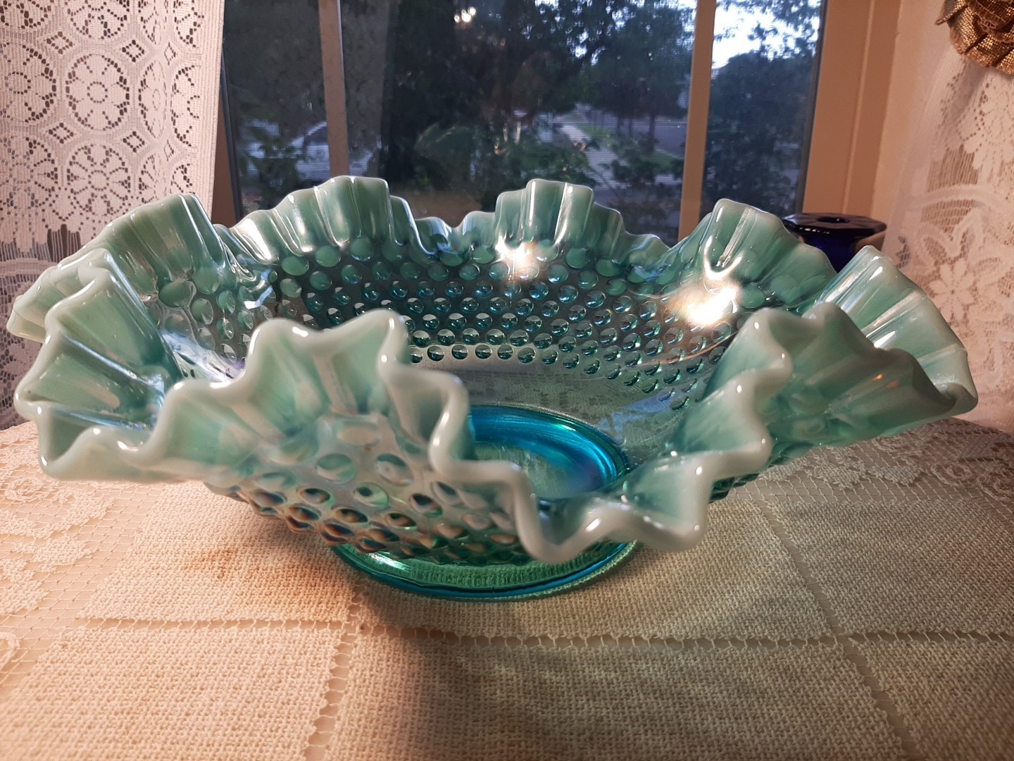 Vintage Fenton Green Opalescent Iridescent Hobnail XL Bowl 12” STUNNING MINT