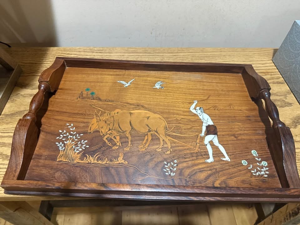 Rare Vintage Inlaid Marquetry Serving Tray - Beautiful Pastoral Scene Rare Vintage Inlaid Marquetry Serving Tray - Beautiful Pastoral Scene