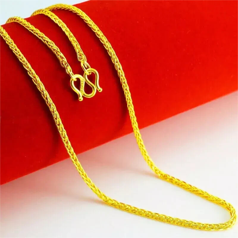 999 24K Yellow Gold 1mm . Round Wheat Chain Link Women Necklace