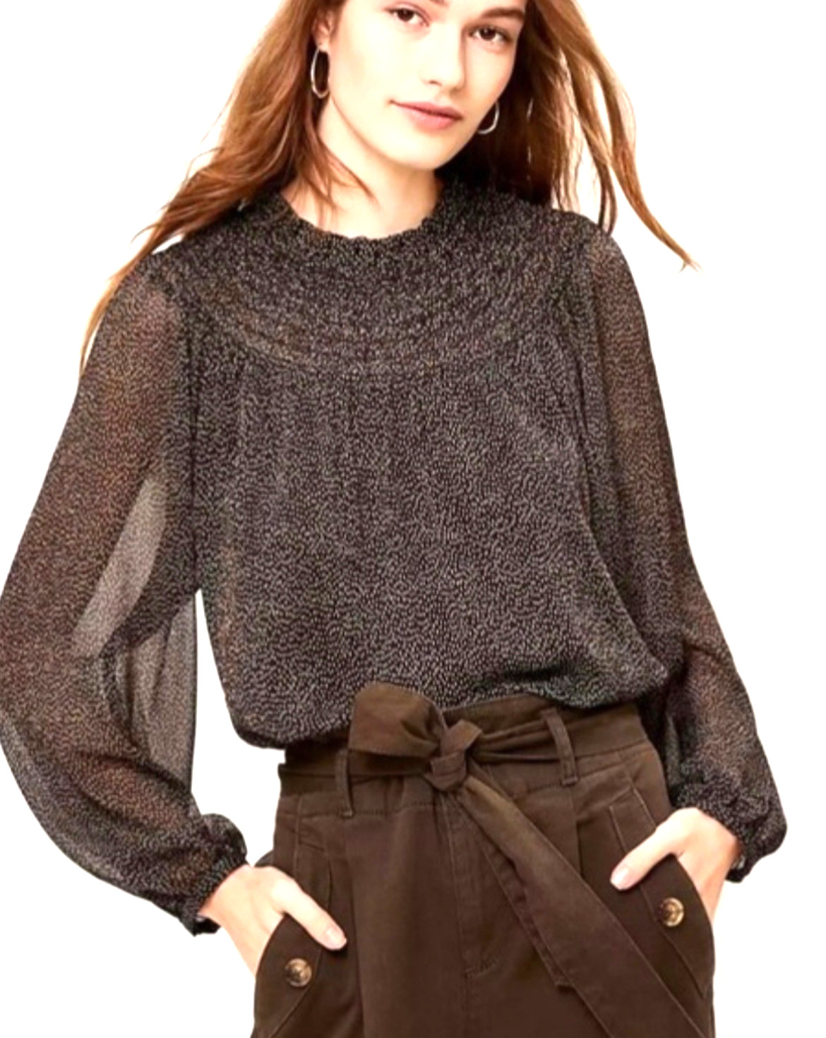SALE Loft Top Brown Dot Slinky Ruffled Lined Sheer Chiffon ML  EUC
