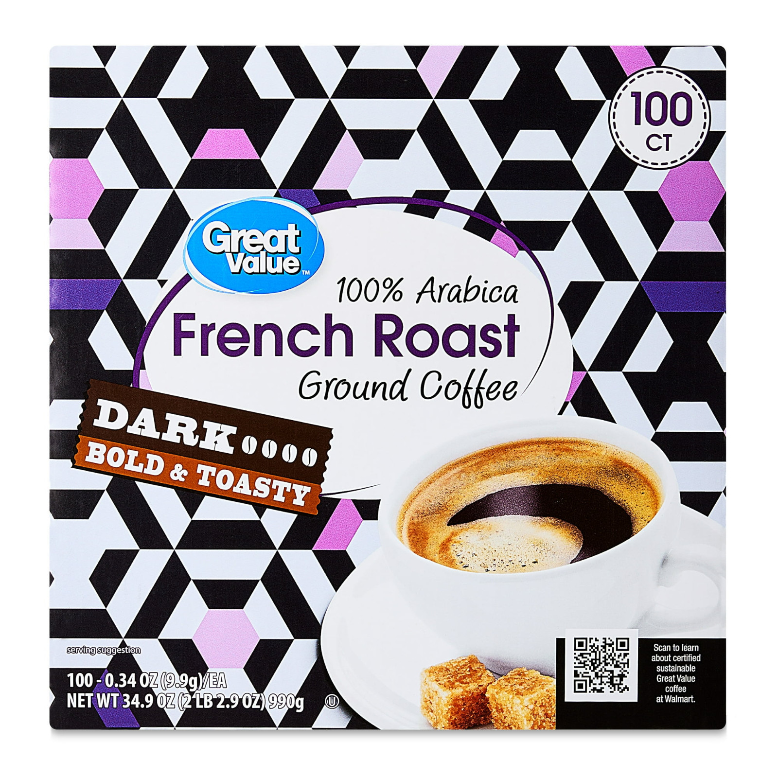 NEW 100Ct Great Value French Dark 100% Arabica Roast Ground Coffee Pods 38.4oz