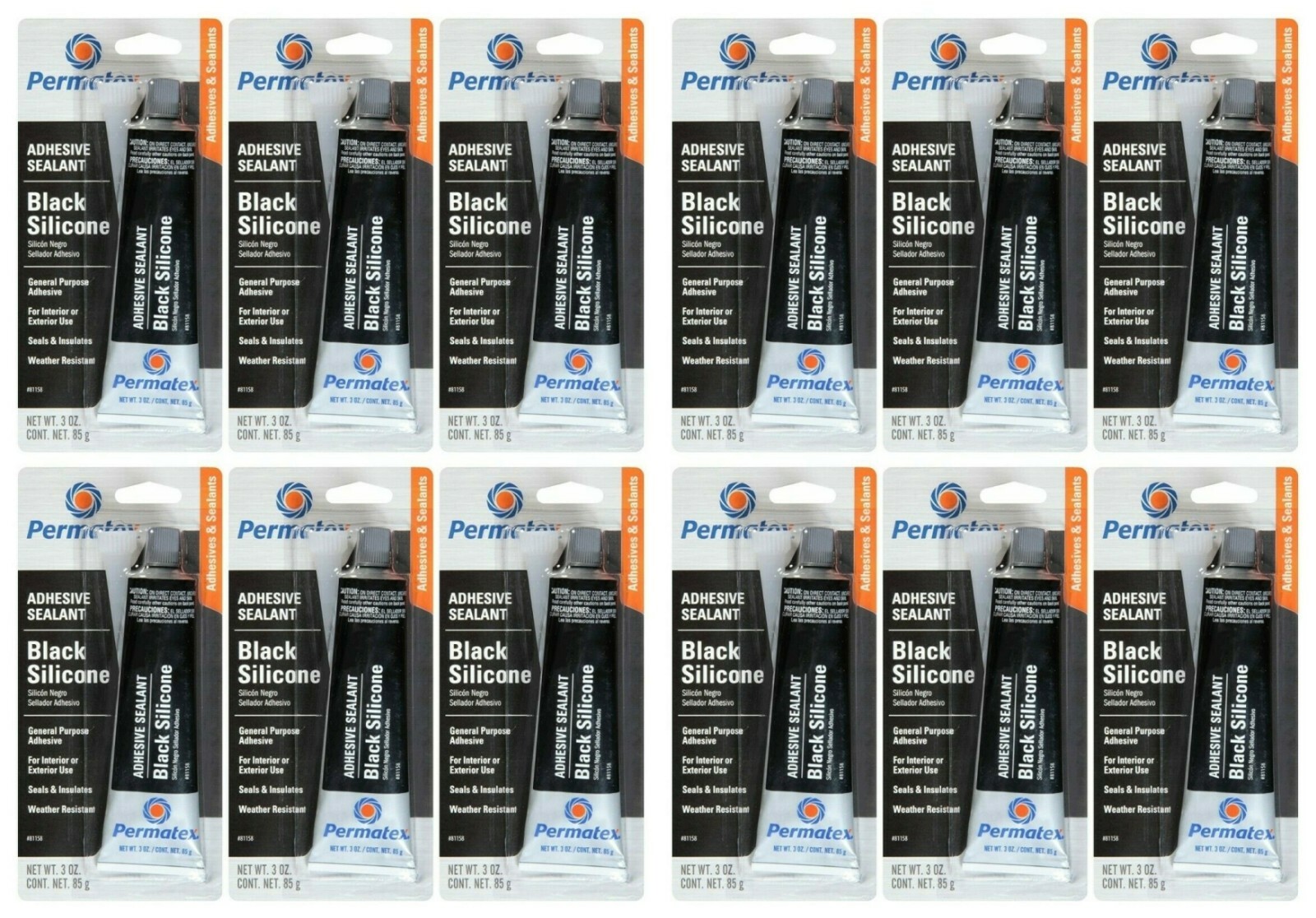 PERMATEX 81158 Black RTV Silicone Adhesive Sealant 3oz, 12 Pack