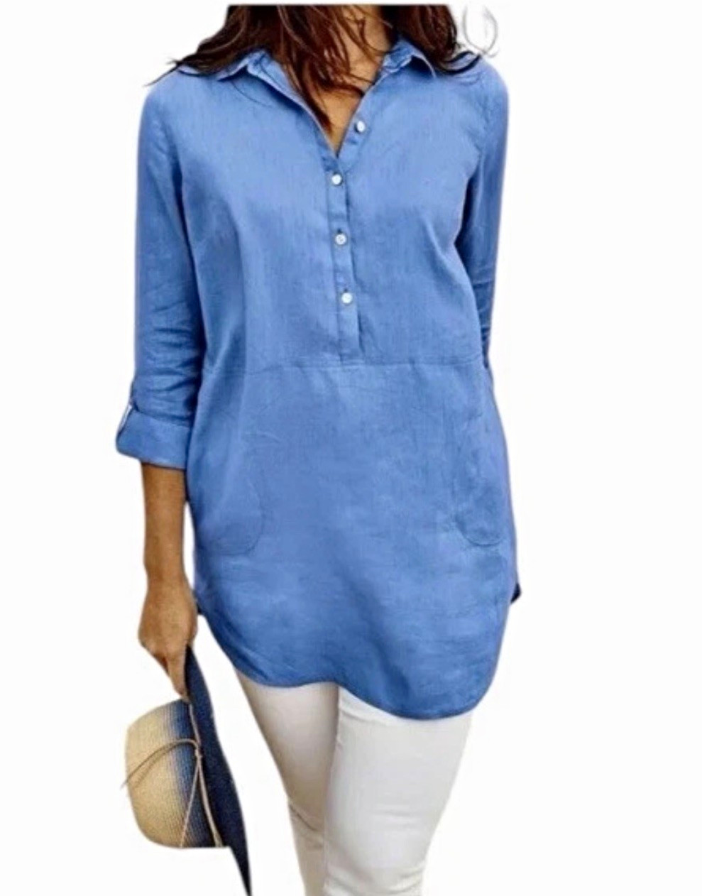 J. Jill Blue Linen Woven Tunic Blouse Collared Long Sleeve Button Pockets L