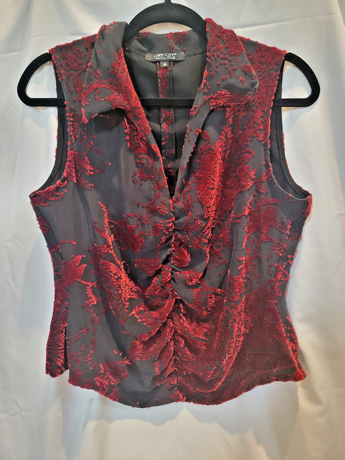 Karen Kane Devore Velvet Burnout Top 14P Red Black Ruched Gothic Blouse Sleevele