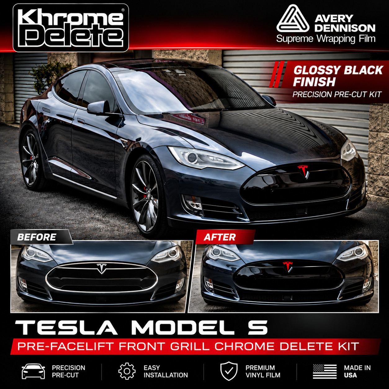 2012-2016 Tesla Model S Pre-Facelift Nose Cone Vinyl Overlay Gloss Black