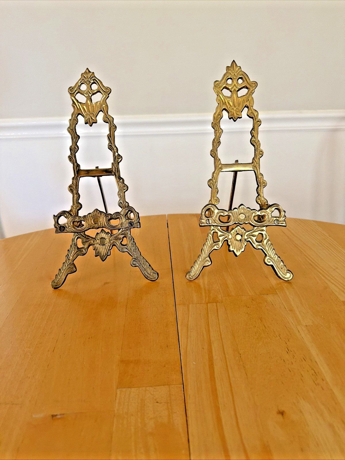 Two Vintage Brass Tabletop Display Easels for Plates, Framed Photos & Art Work.