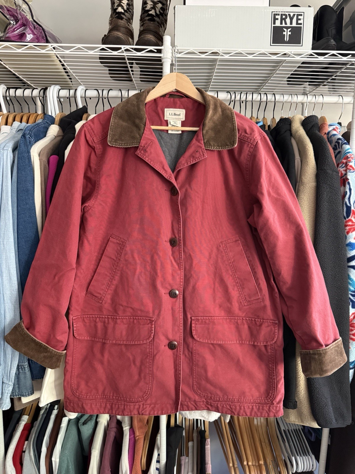 LL Bean Womens Barn Coat Red Canvas Chore Jacket Flannel Lined Large