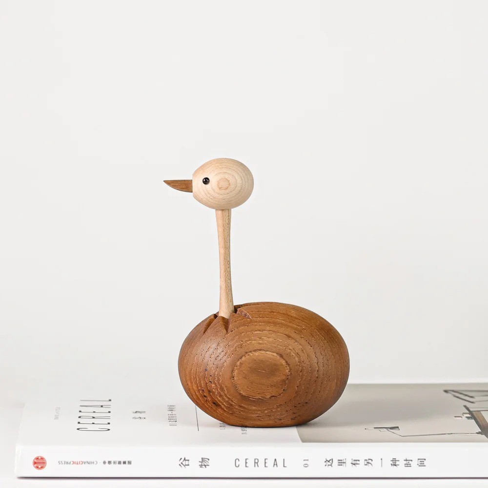 Nordic Teak Wood Egg Bird Figurine Ostrich Sculpture Home Decor Gift