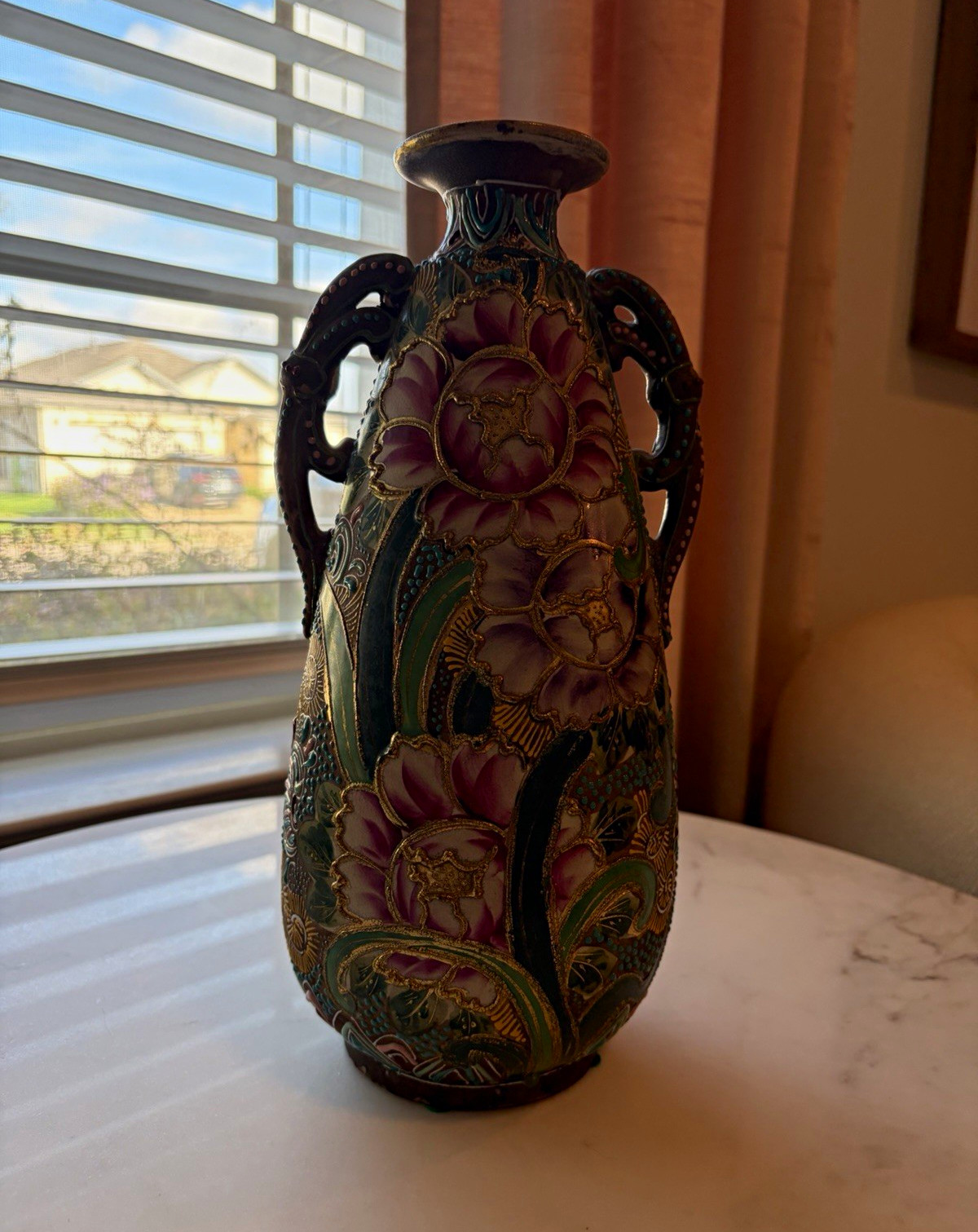 Antique 1900s Japanese Moriage Double Handle Vase Hand-Painted Floral 12\