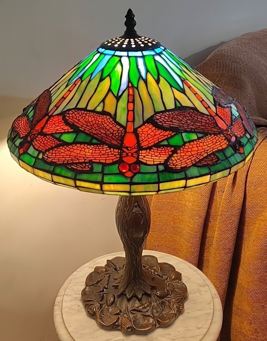 Vintage Tiffany Style Dragonfly Table Lamp Stained Glass Brass Base