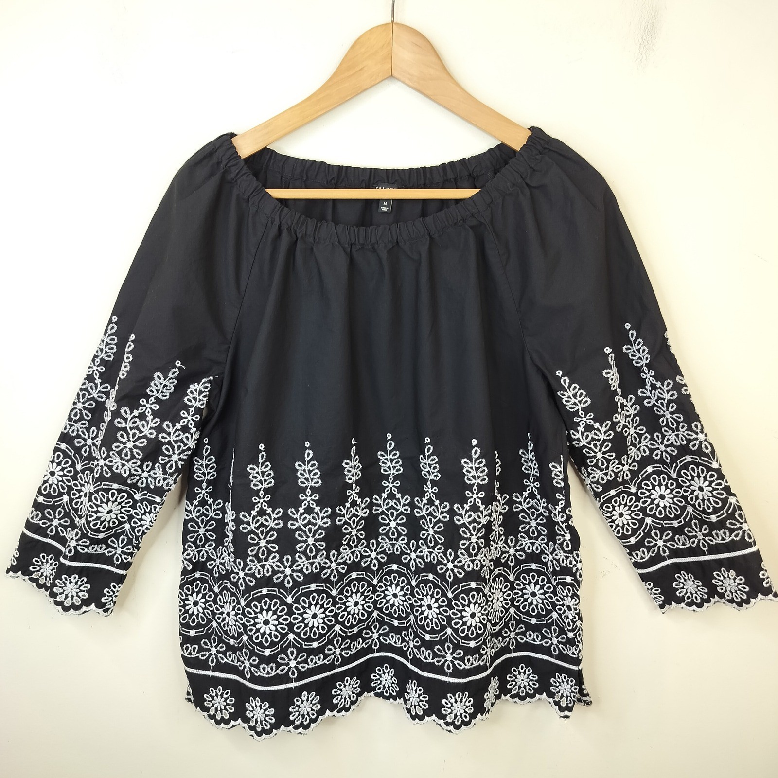 Talbots Eyelet Embroidered Blouse Medium Scallop Hem Boho Black Talbots Eyelet Embroidered Blouse Medium Scallop Hem Boho Black