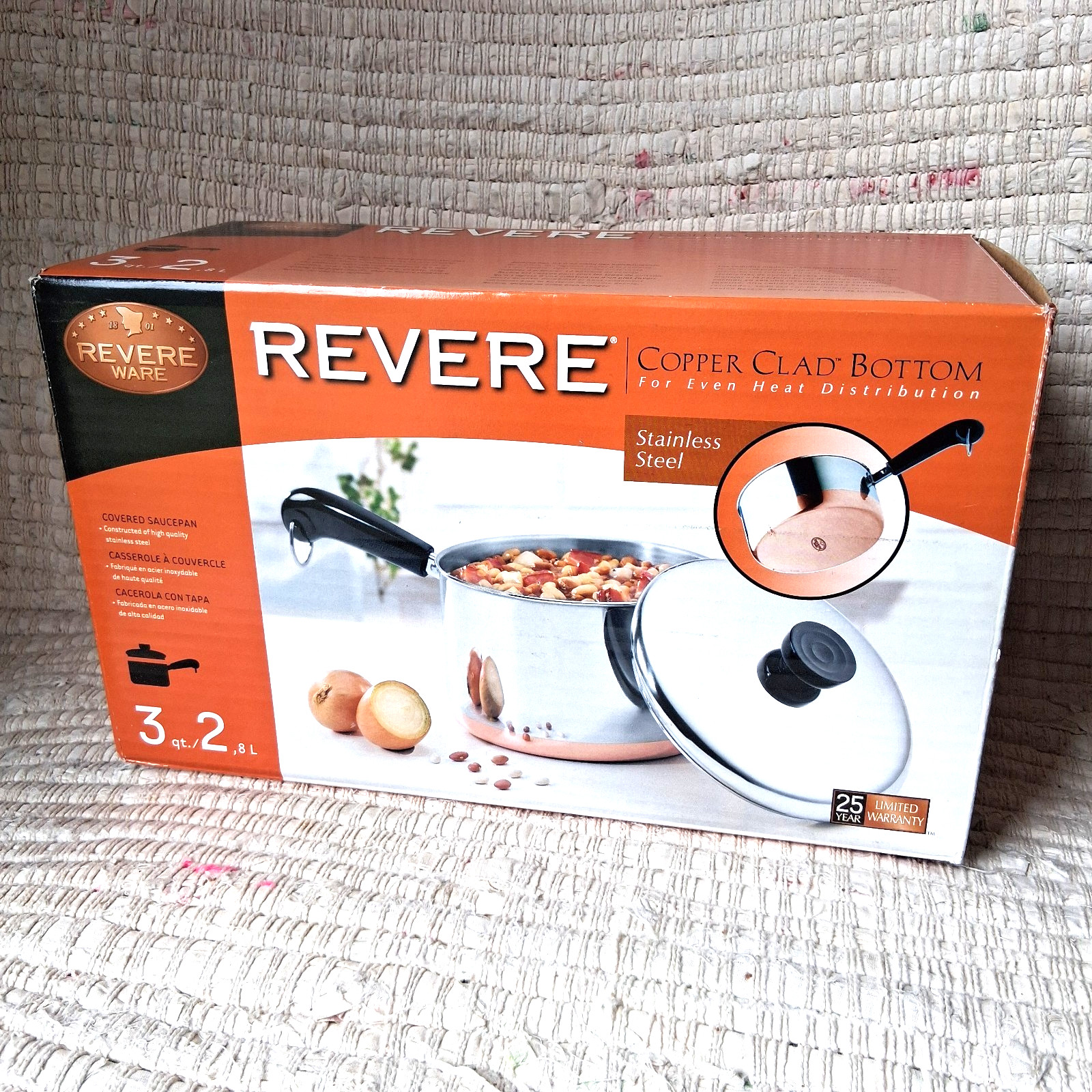 Vintage Revere Ware 3 Qt Copper Clad Bottom Sauce Pan Pot with Lid NEW in Box