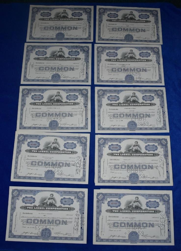 Blowout Lot of Ten Lionel Corporation Stock Certificates 1958-60 Blue