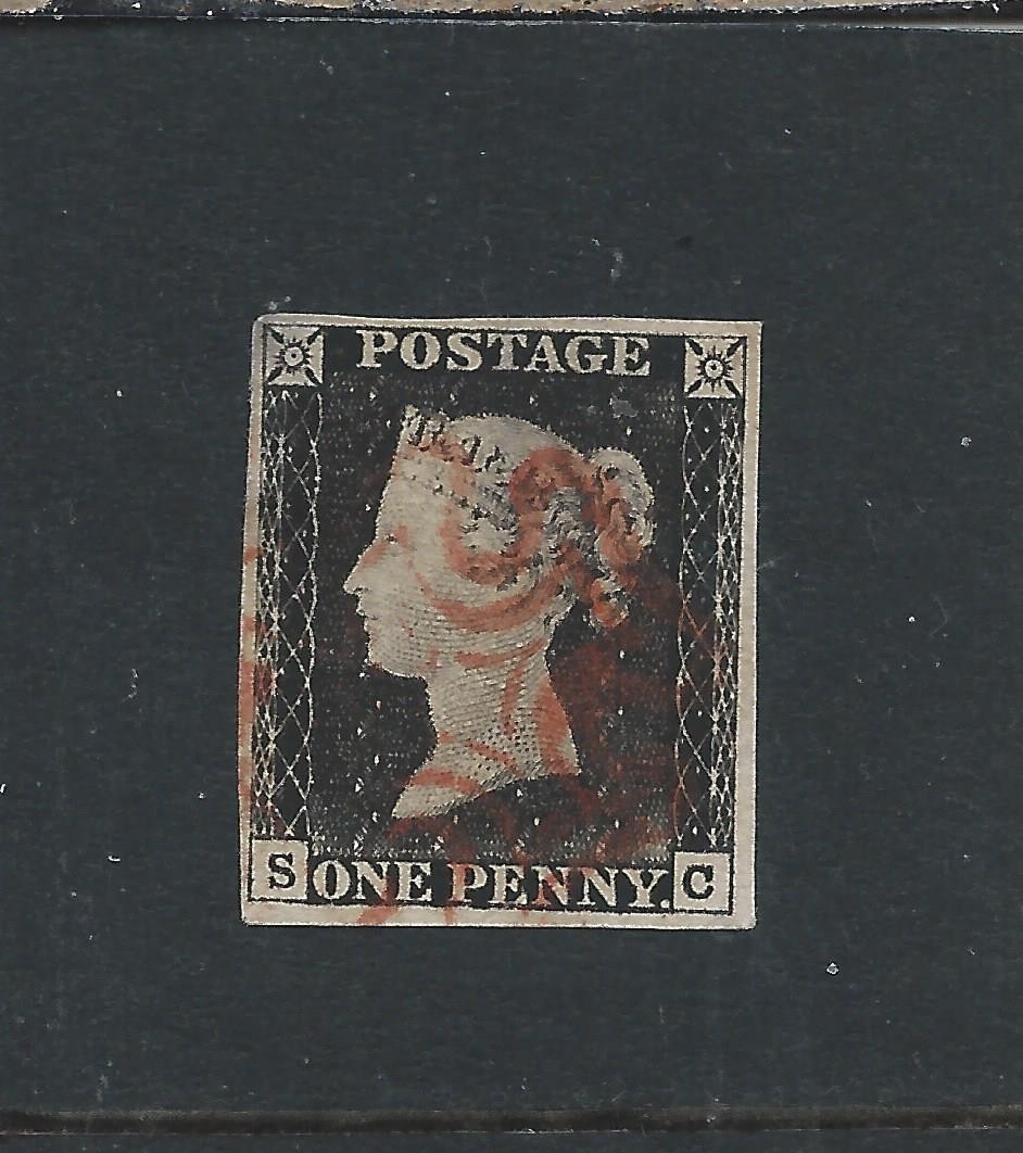 GB-QV 1840 1d BLACK SC PLATE 1a CANCELLED WITH RED MX SG AS2 CAT £450