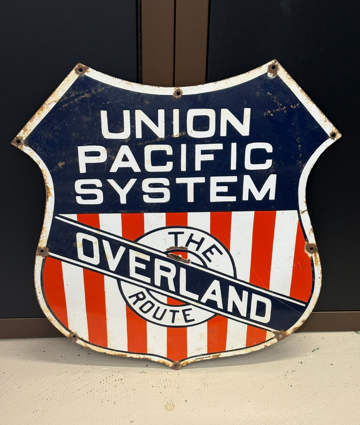 Original Union Pacific System Porcelain Train Sign, (The Overland Route) Nice