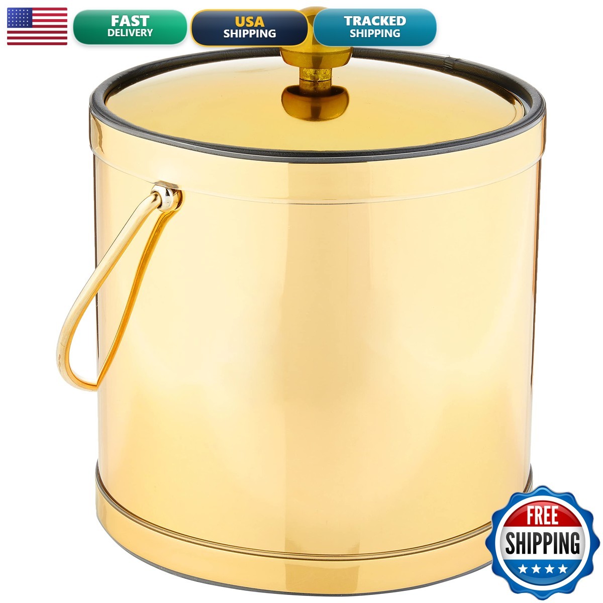 Kraftware Mylar Ice Bucket Polished Brass with Metal Lid Double Wall USA Kraftware Mylar Ice Bucket Polished Brass with Metal Lid Double Wall USA