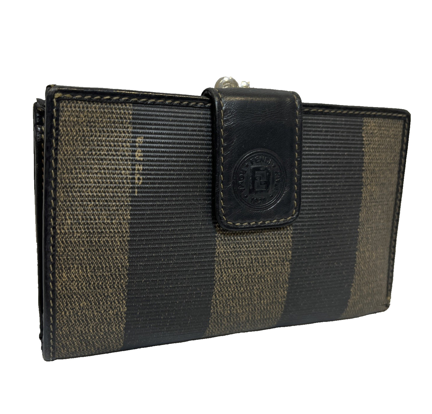 FENDI Pequin bifold Wallet  stripe Blown Black Striped From Japan 0001 Authentic