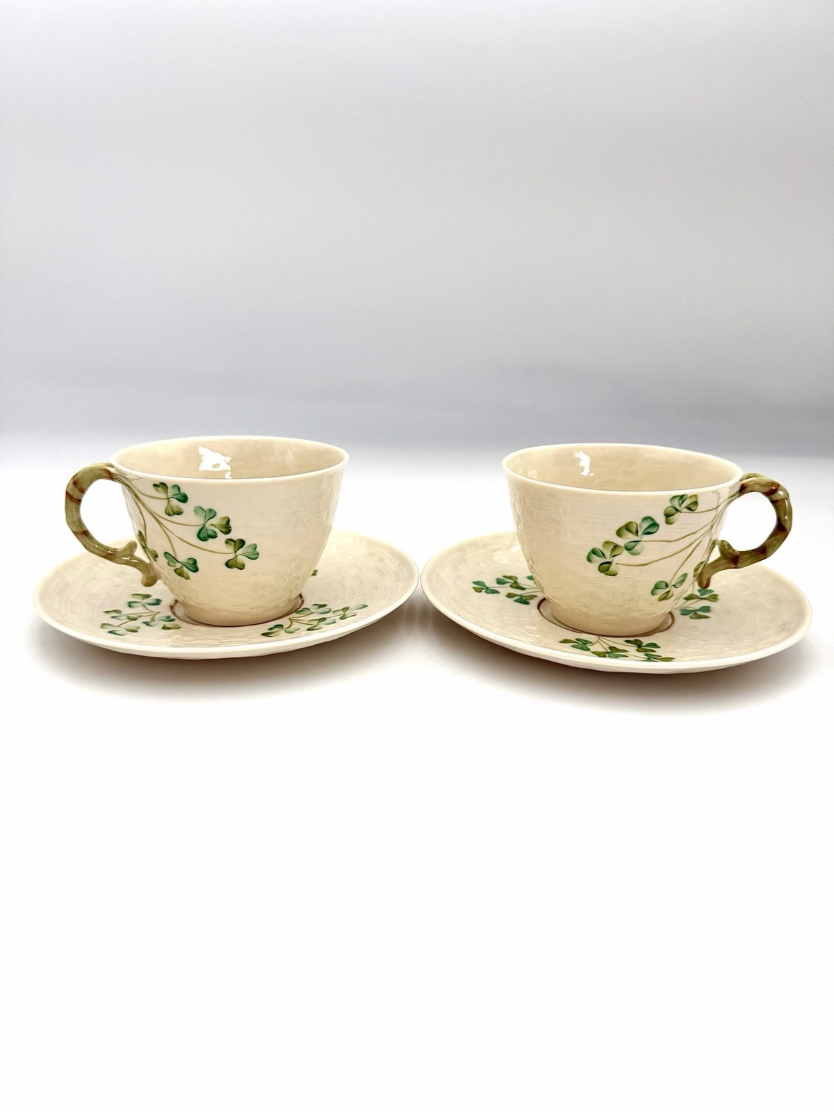 Belleek Shamrock (Millennium 2000) - Flat Cups & Saucers, Set of 2