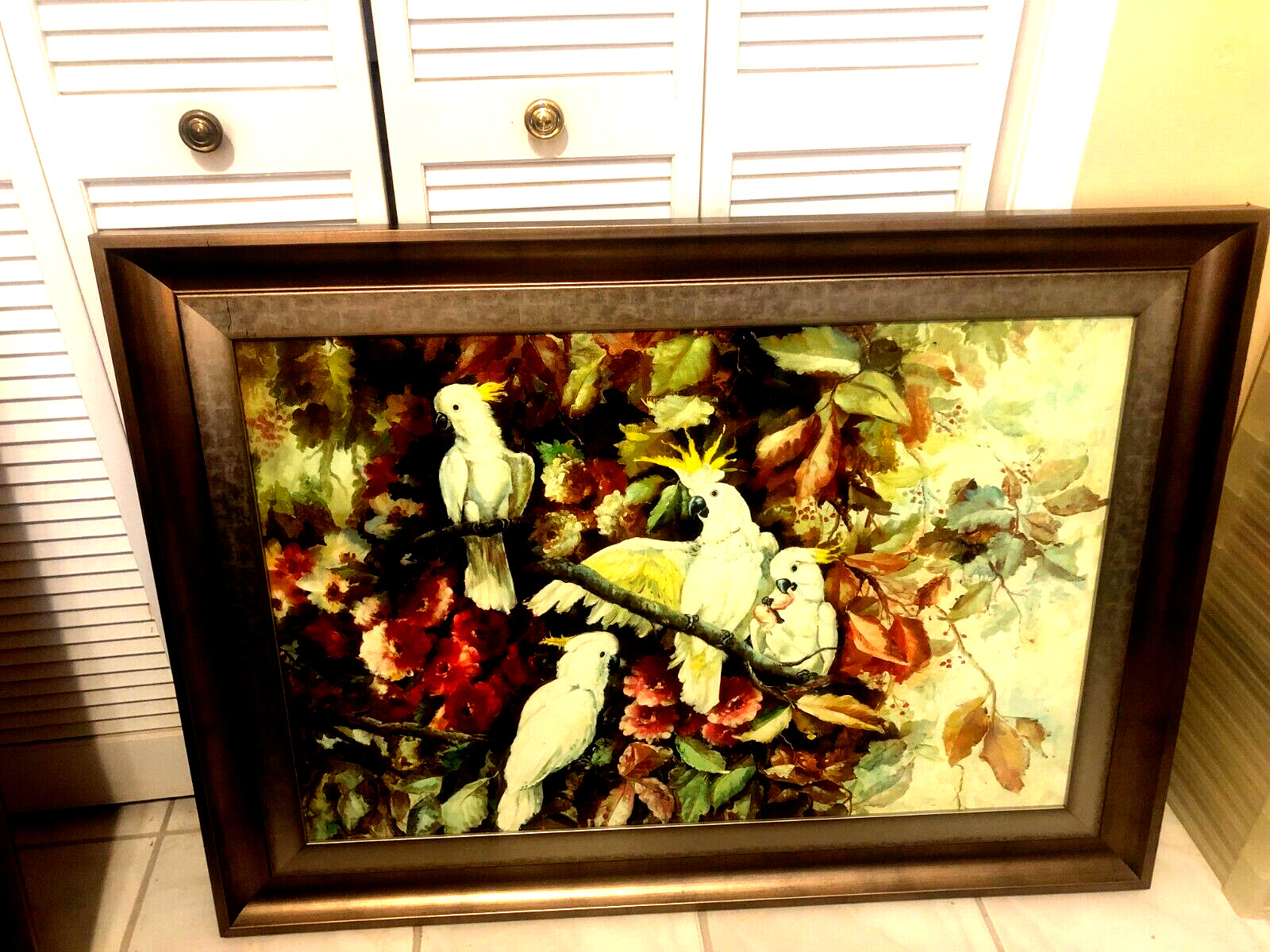 framed oil canvas painting of four white cockatoos in jungle 44in by 33 in framed oil canvas painting of four white cockatoos in jungle 44in by 33 in