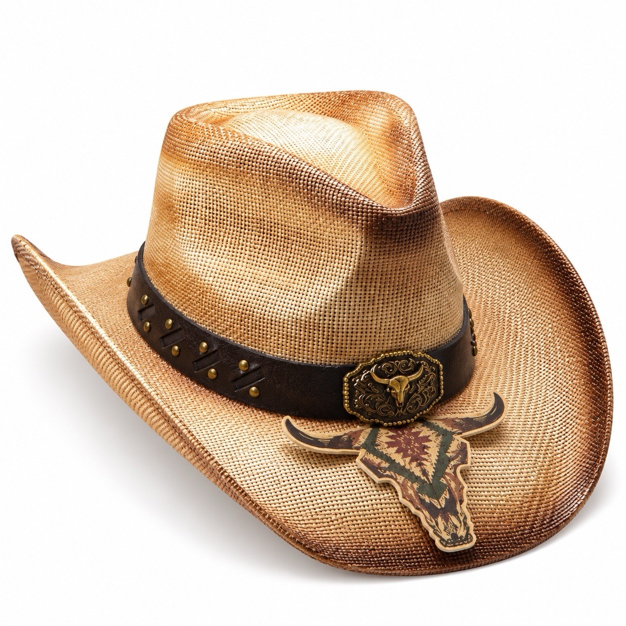 Tan Western Cowboy Hat Studded Band Longhorn Buckle Rodeo Country Style