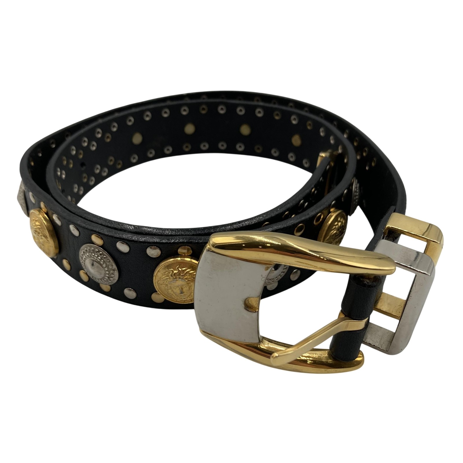 VINTAGE Gianni Versace Belt Womens 30 Black Studded Medusa Leather Italy Logo