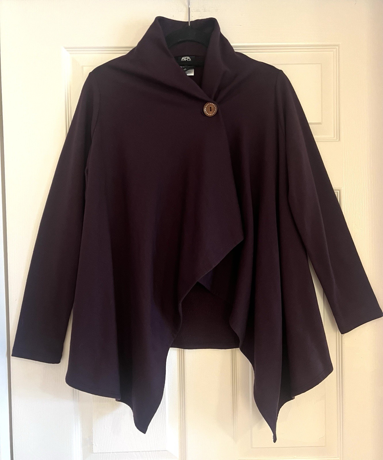Bobeau Fleece Wrap Cardigan Plum Purple One Button Asymmetrical Size Small S EUC