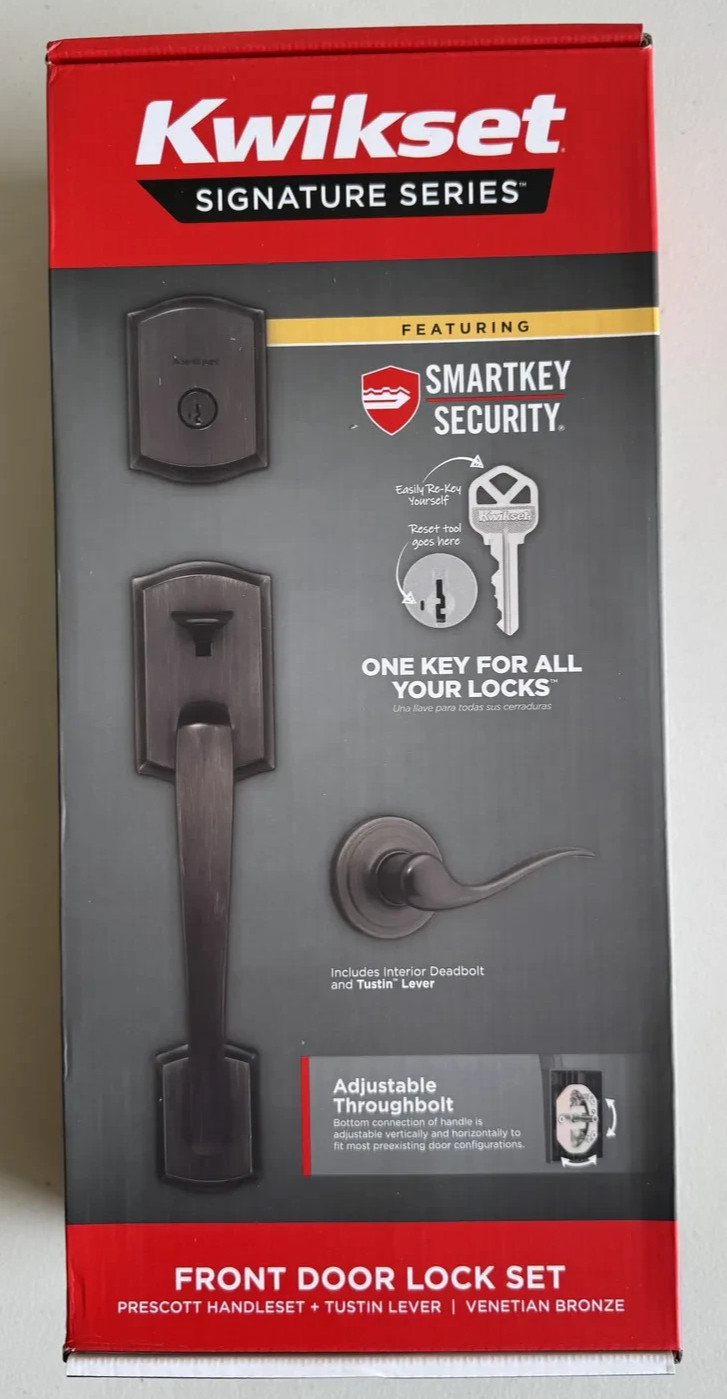 Kwikset Prescott Handleset + Tustin Lever Front Door Lock Set (Venetian Bronze)