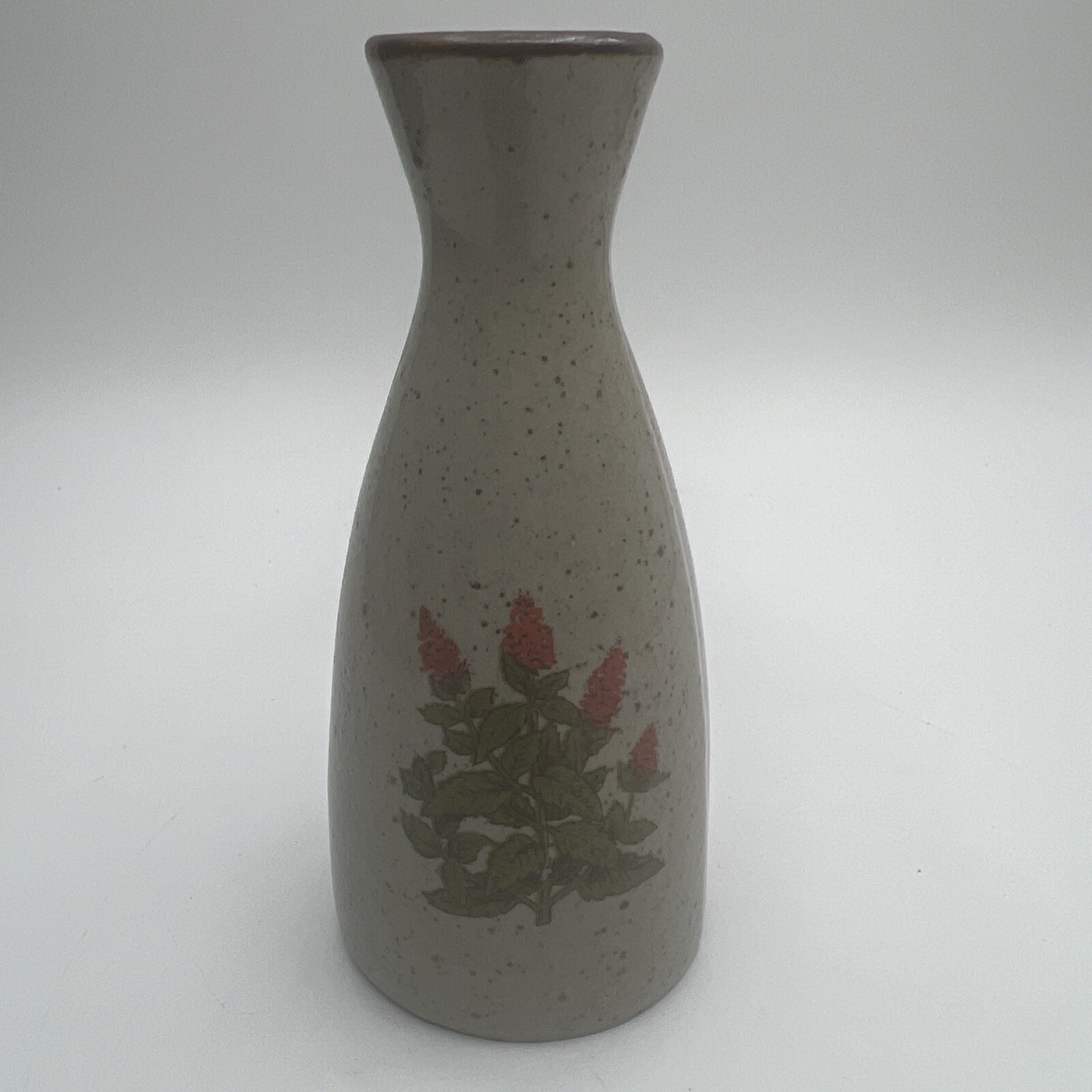 Vintage Takahashi Stoneware Speckled Bud Vase w/Orange Red Flowers Japan