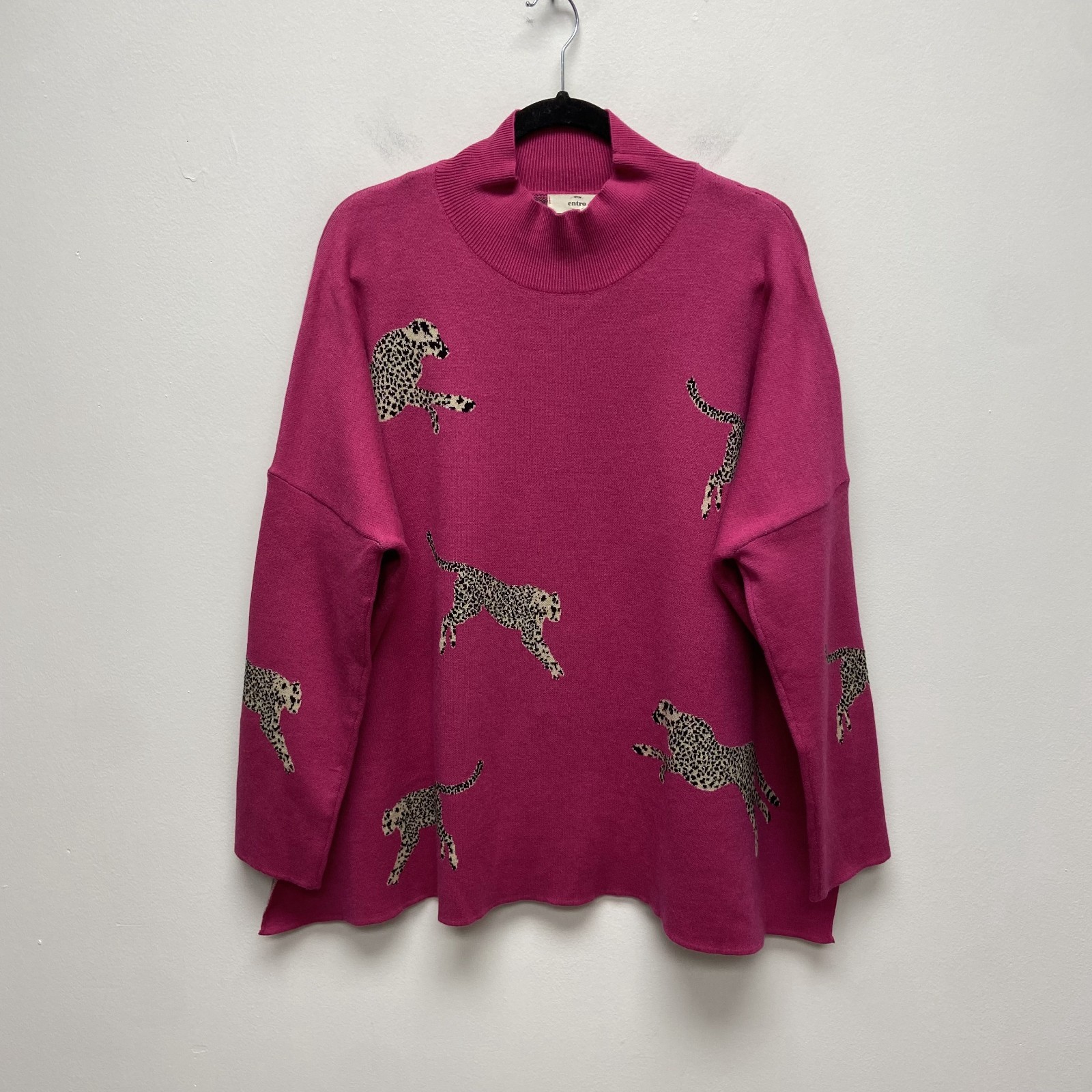 Entro Cheetah Print Oversized Mock Neck Sweater Women Hot Pink Classic Large NWT Entro Cheetah Print Oversized Mock Neck Sweater Women Hot Pink Classic Large NWT