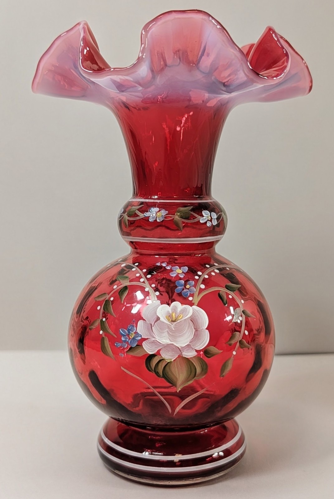 FENTON Cranberry Opalescent Ruffled Vase Bill Fenton Signed #134/6000 QVC