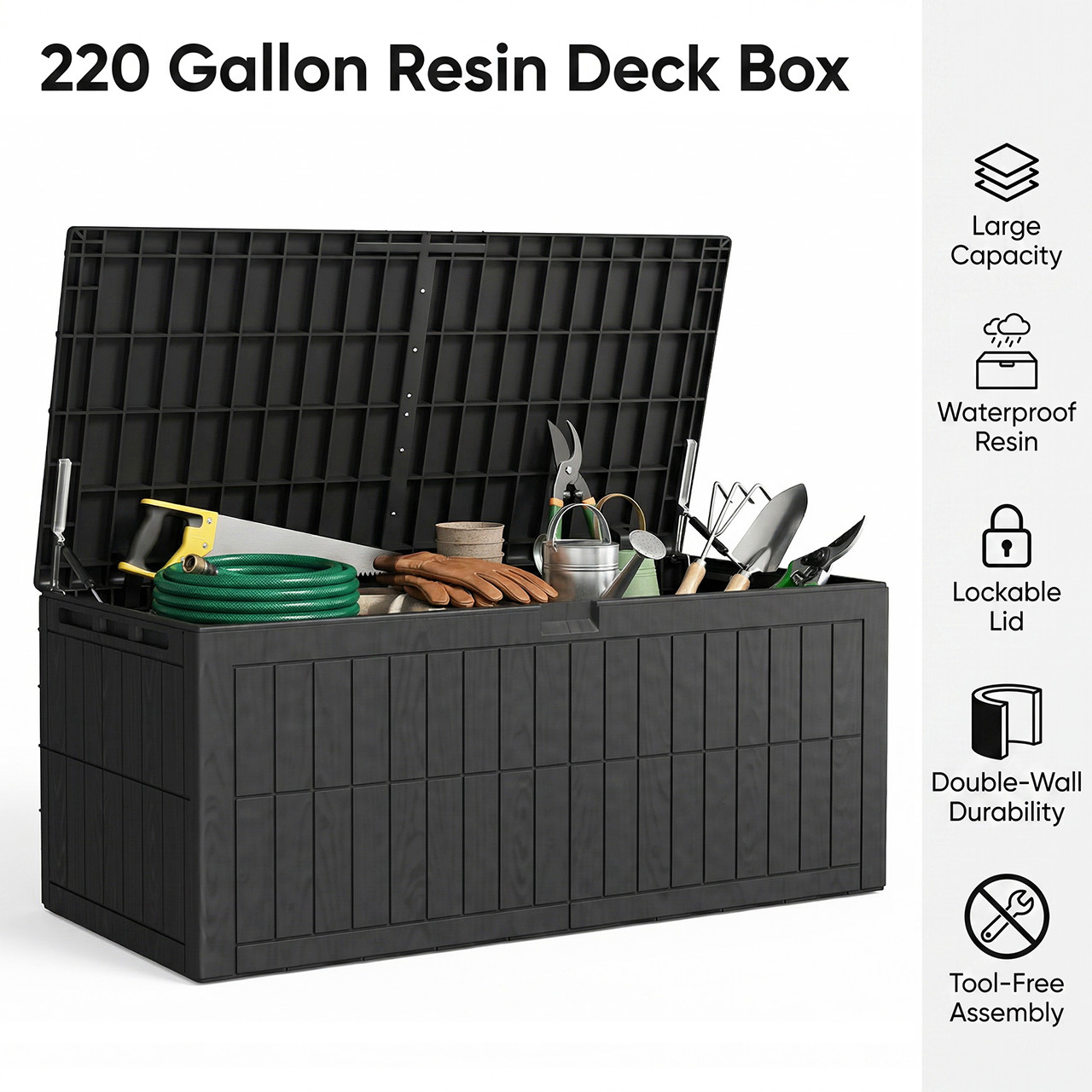 220 Gallon Resin Deck Box Resin Construction Sturdy Double Wall Outdoor Storage