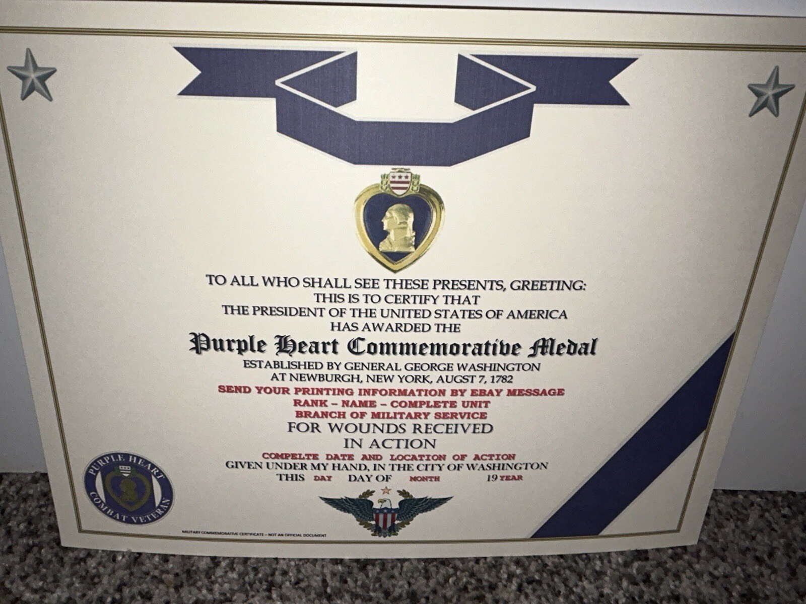 MILITARY PURPLE MEDAL COMMEMORATIVE CERTIFICATE ~ TYPE-2 w/PRINTING