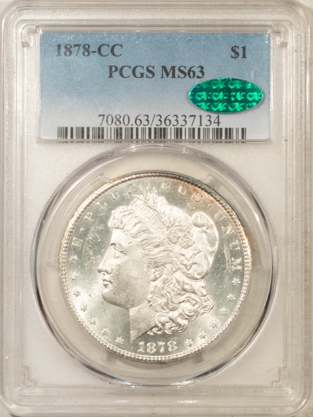 1878-CC $1 MORGAN DOLLAR - PCGS MS-63, WHITE, CHOICE CAC APPROVED CARSON CITY