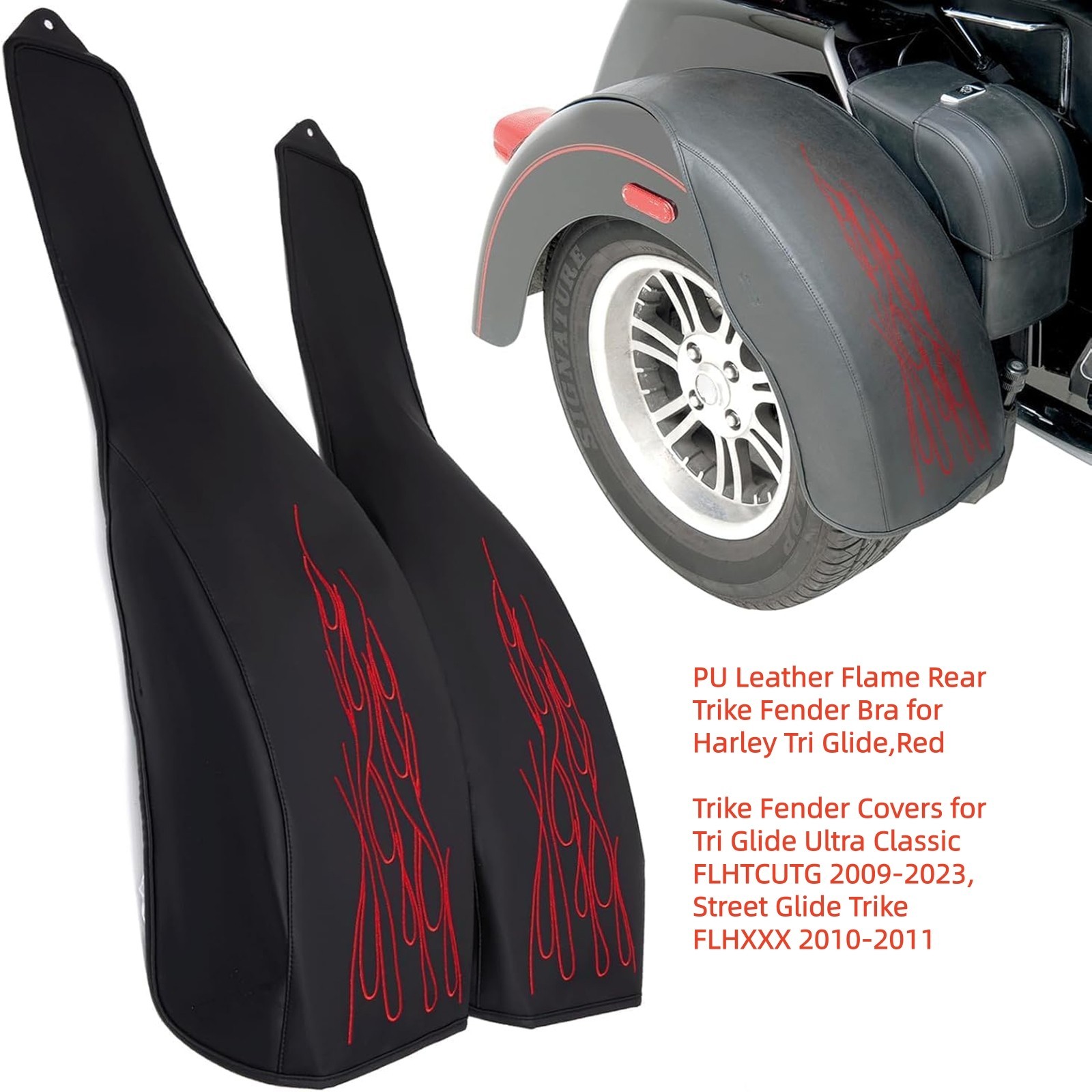 PU Leather Flame Rear Trike Fender Bra for Harley Tri Glide Ultra Classic, Red PU Leather Flame Rear Trike Fender Bra for Harley Tri Glide Ultra Classic, Red