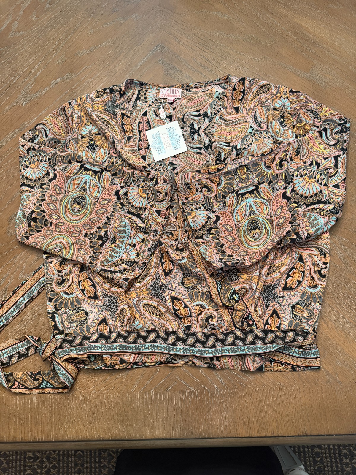 NWT Cienna Designs Silk Blend Wrap Blouse Top L/XL Paisley Black Pink Teal Gold 