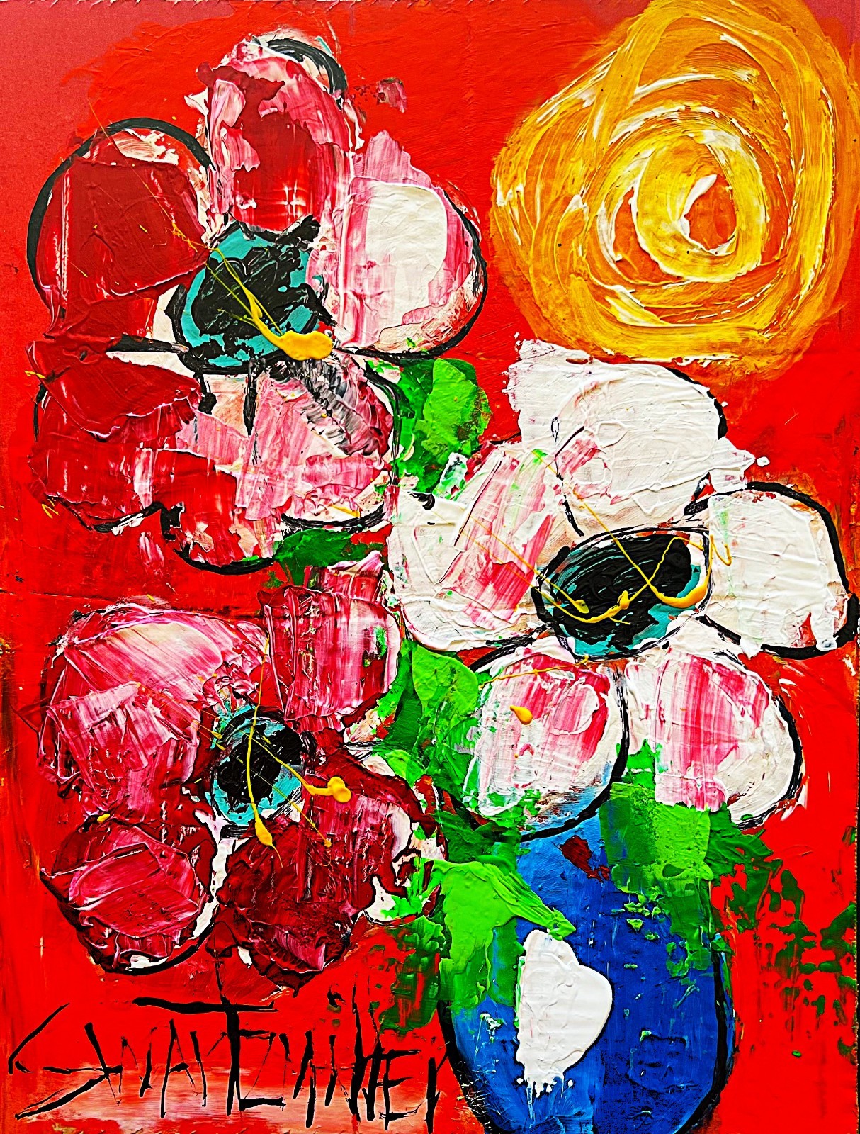 Original FLOWERS VASE POP ART FLORAL PAINTING 15X12 unique SWARTZMILLER DNA wall
