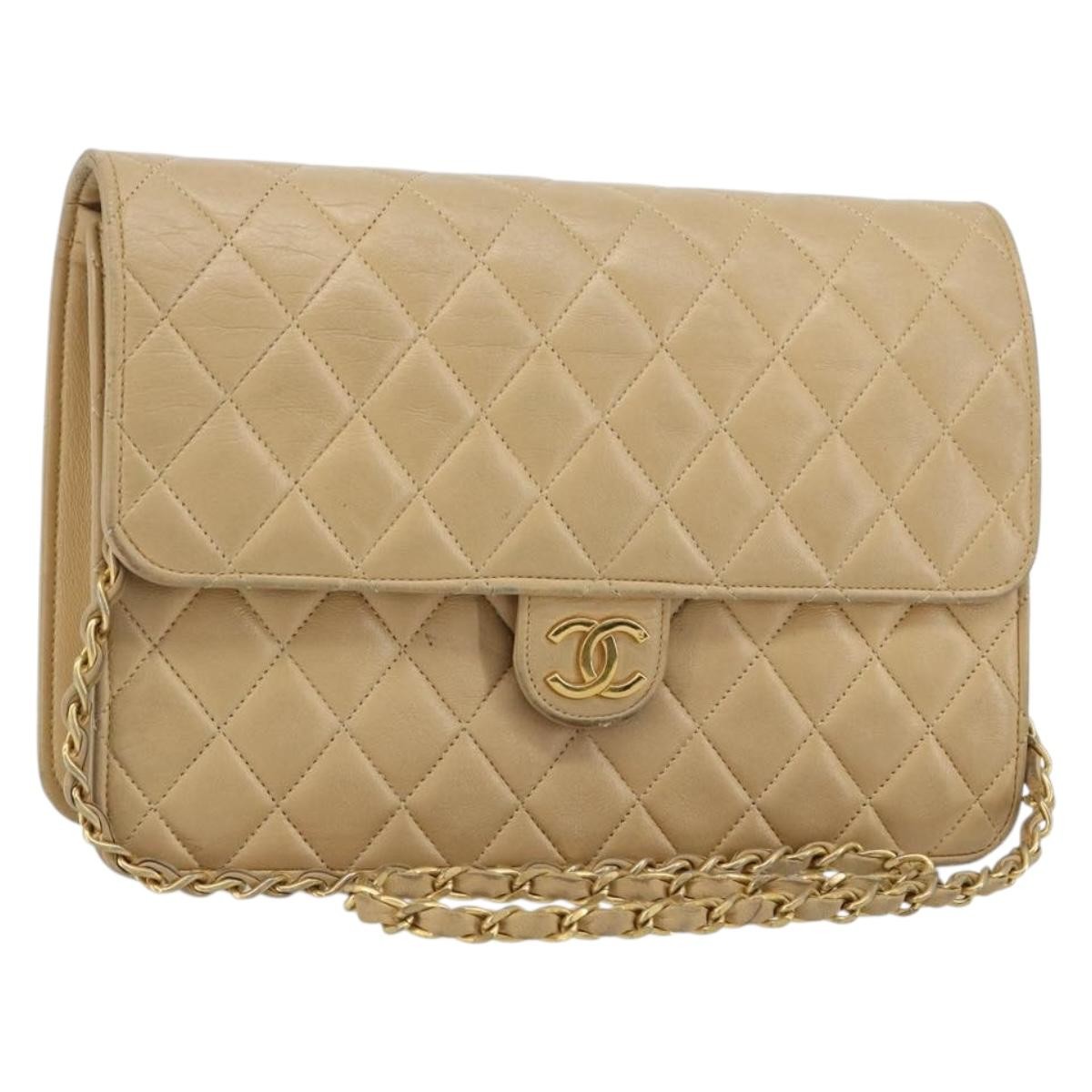 CHANEL Matelasse 25 Chain Shoulder Bag Lamb Skin Beige Gold CC Auth 182740