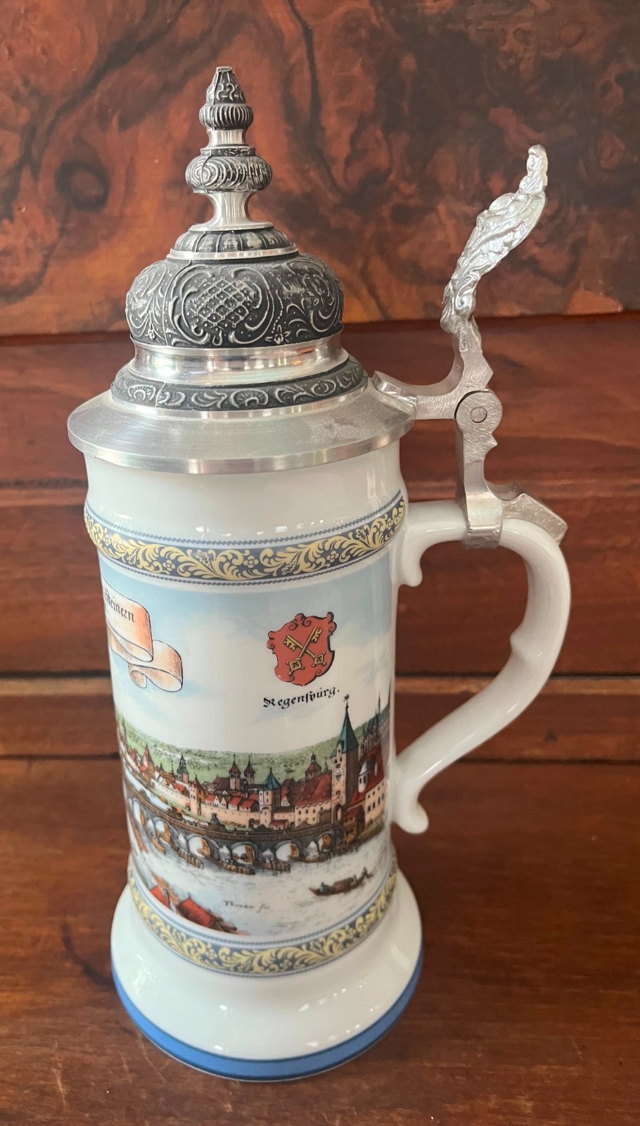 Beautiful Porcelain Beer Stein by SCROBENHAUSEN with Scene of Regensburg Bridge