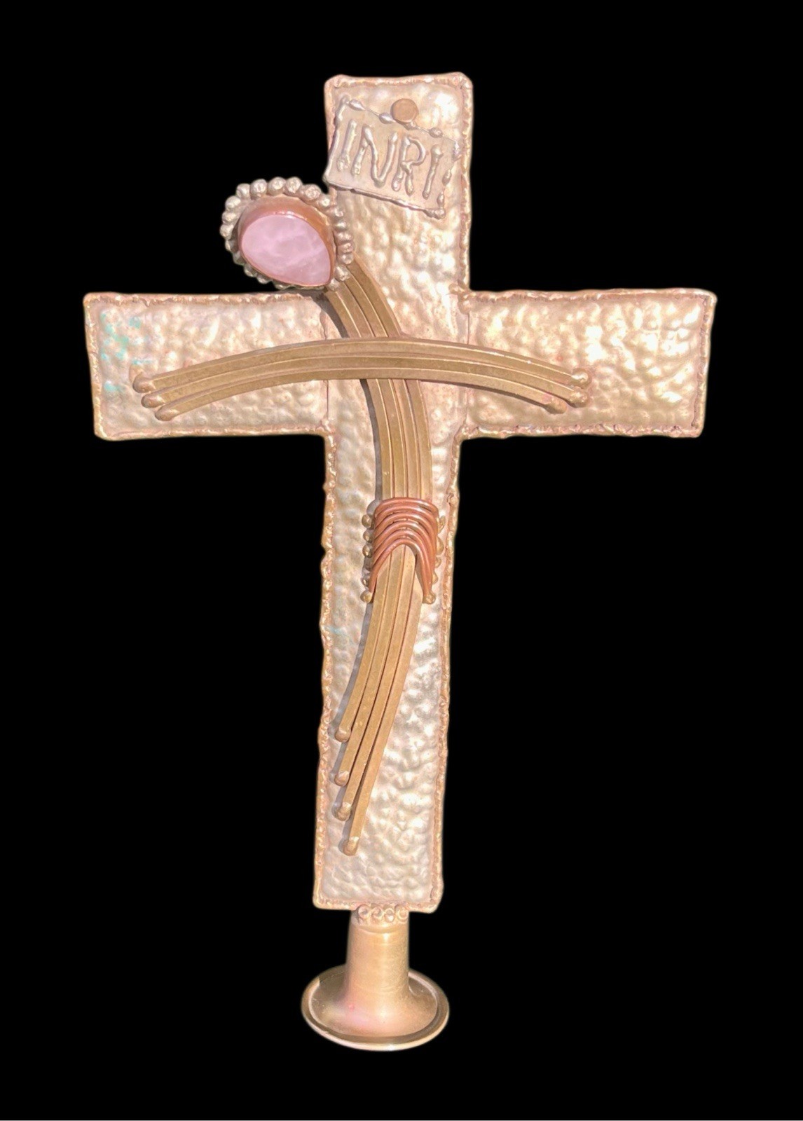 MCM Brutalist Abstract Mixed Metal w/Rose Quartz Crucifix Sculpture Unique Art
