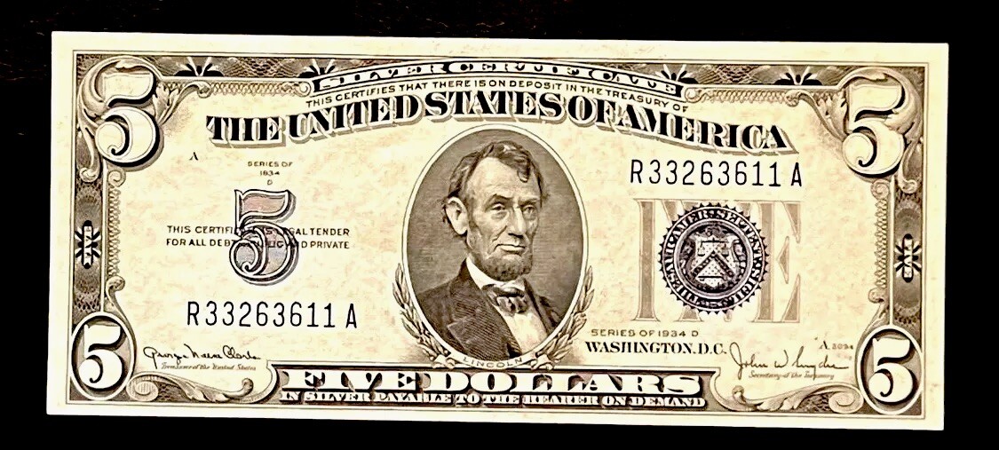 1934 D $5.00 US SILVER CERTIFICATE, BLUE SEAL, UNCIRCULATED R33263611A
