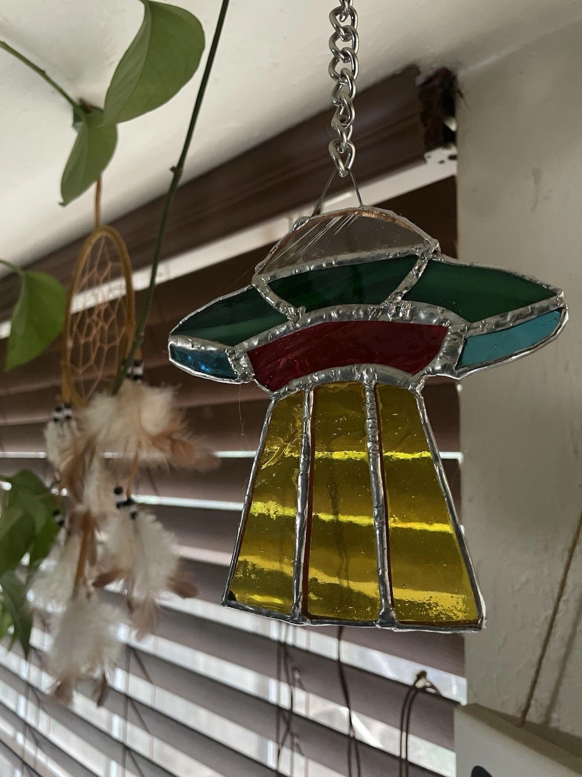 UFO Stained Glass & Metal Suncatcher Multicolor Hanging Window Decor