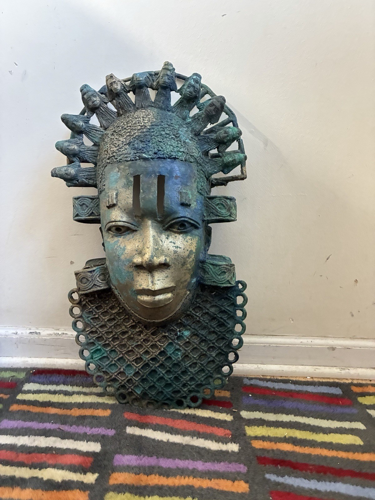 Vintage Benin Bronze Mask Sculpture Nigeria African Art Heavy Brass Statue 22
