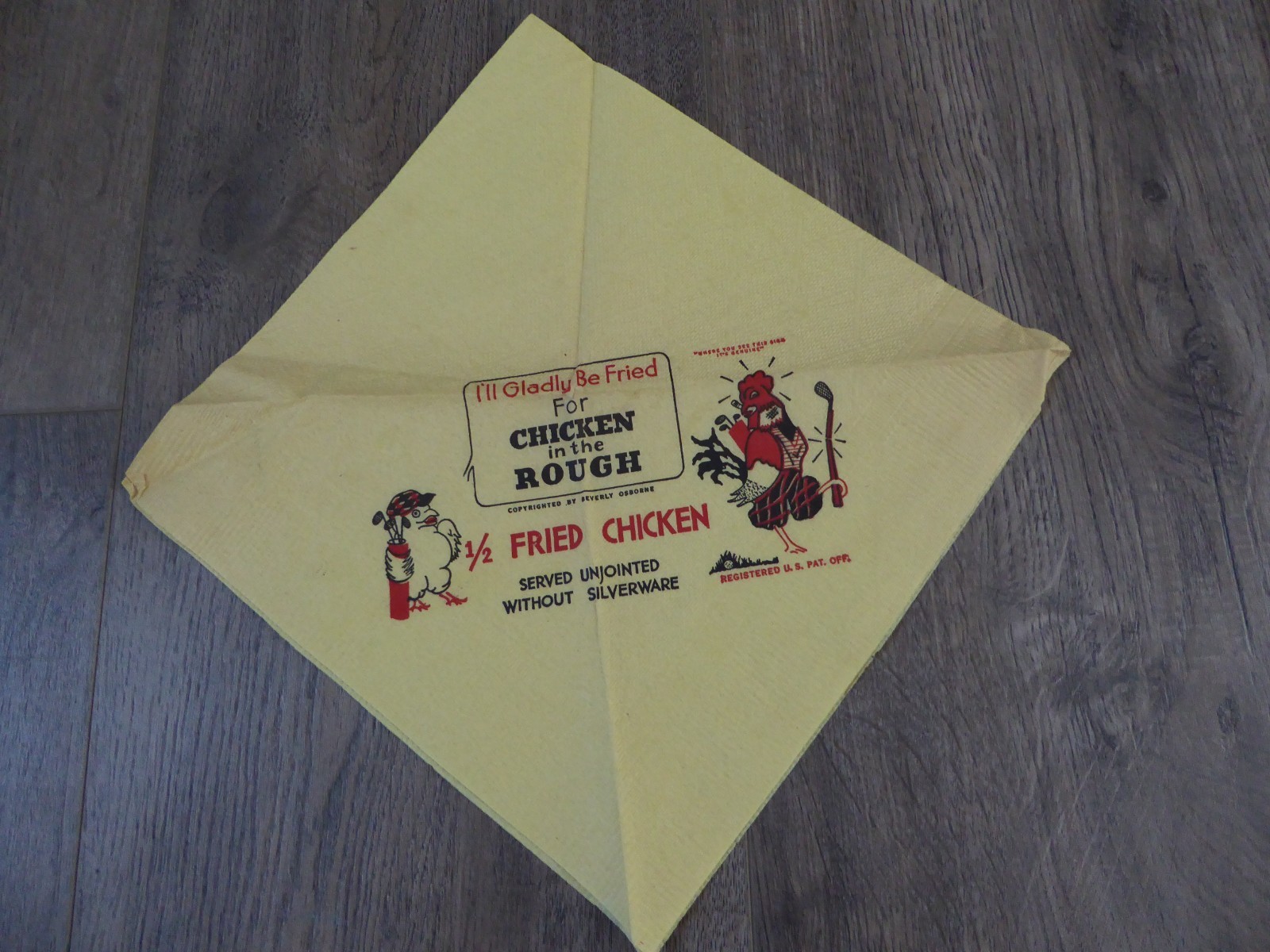 VINTAGE Beverly Osborne Chicken In The Rough Golf Club Restaurant Napkin OLD