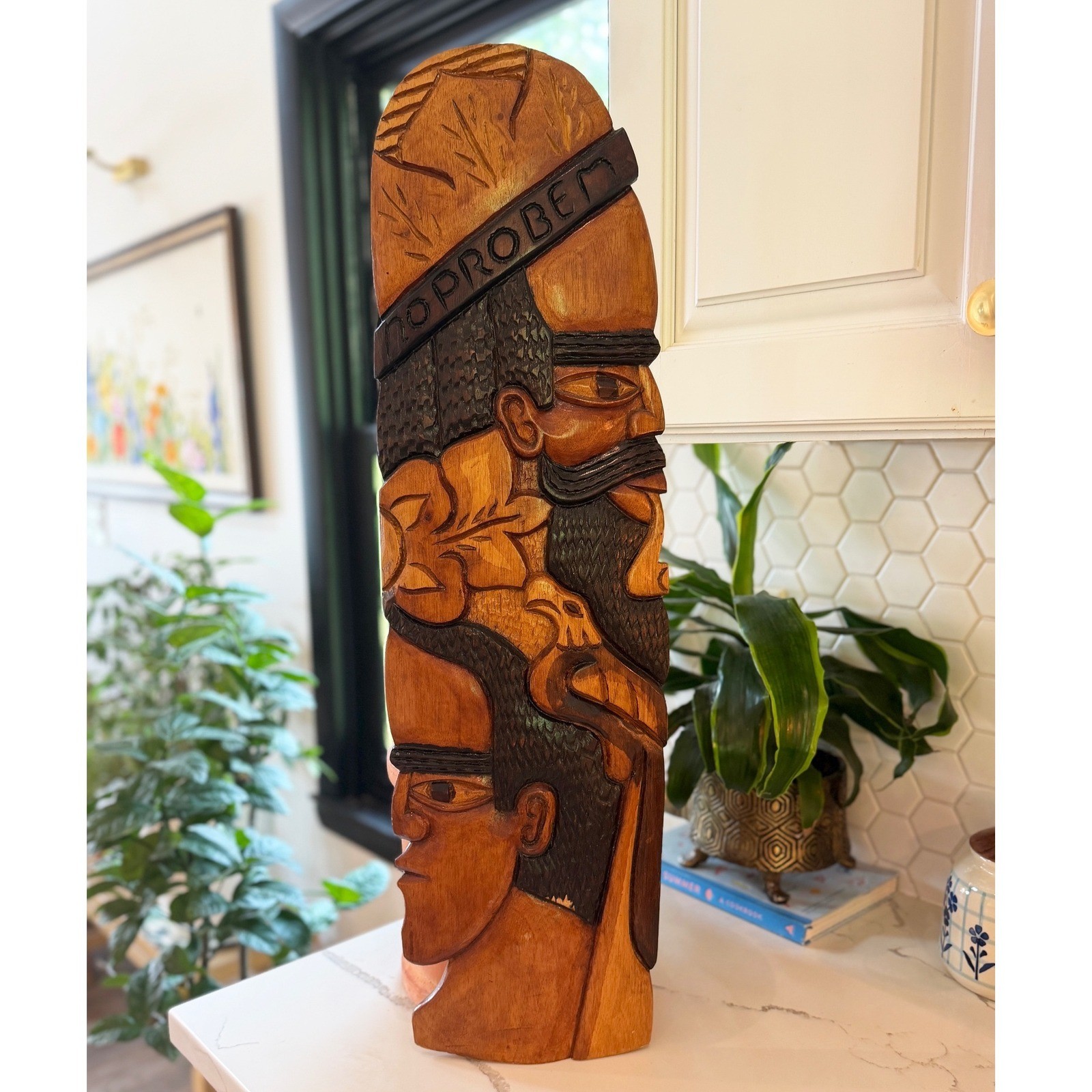 Jamaican Primitive Art Hand Carved Wood Mask No Problem Vintage Folk Art Totem
