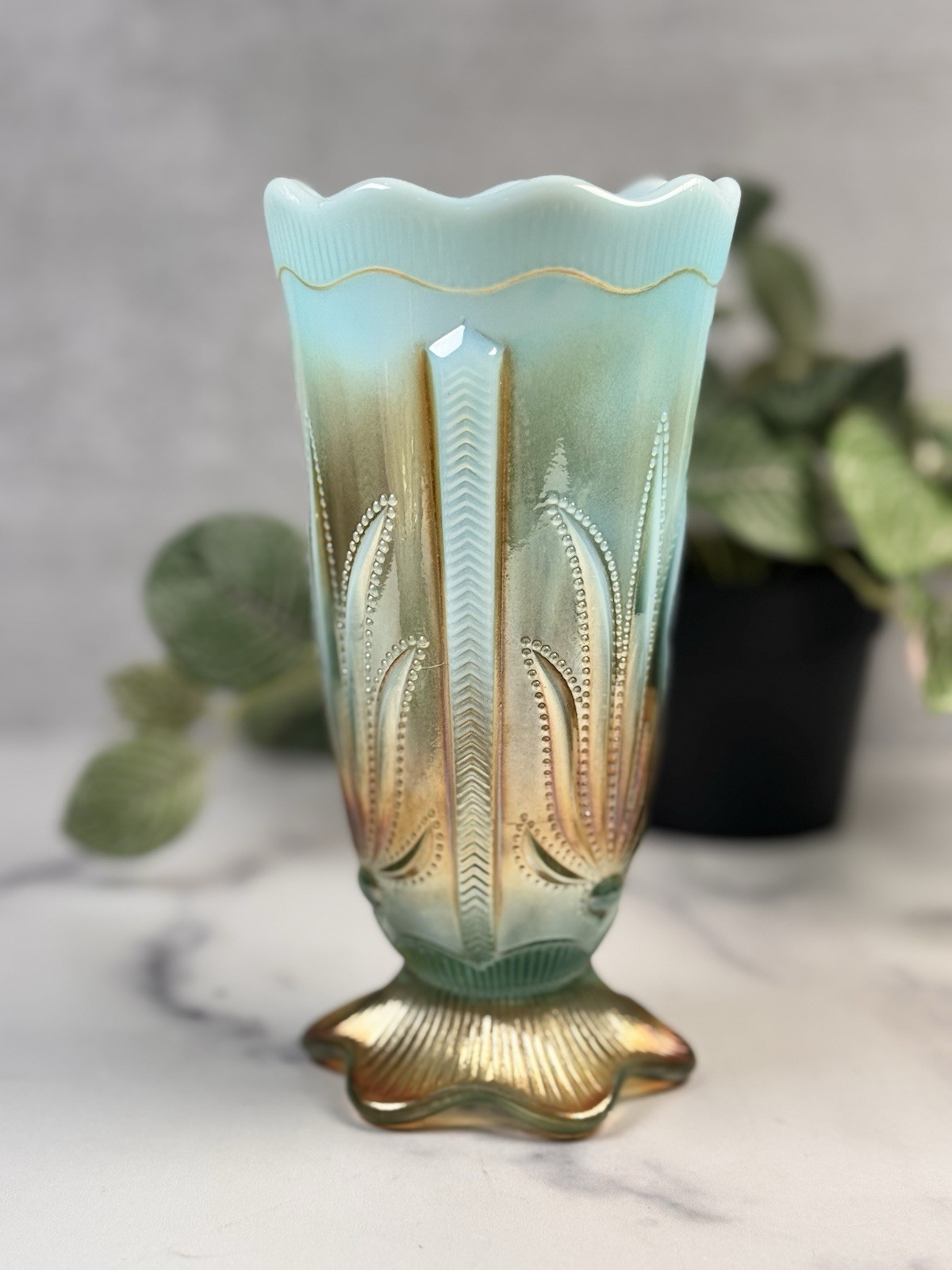 Vintage 1979 Fenton Levay Aqua Opal Cactus Carnival Glass 7” Vase