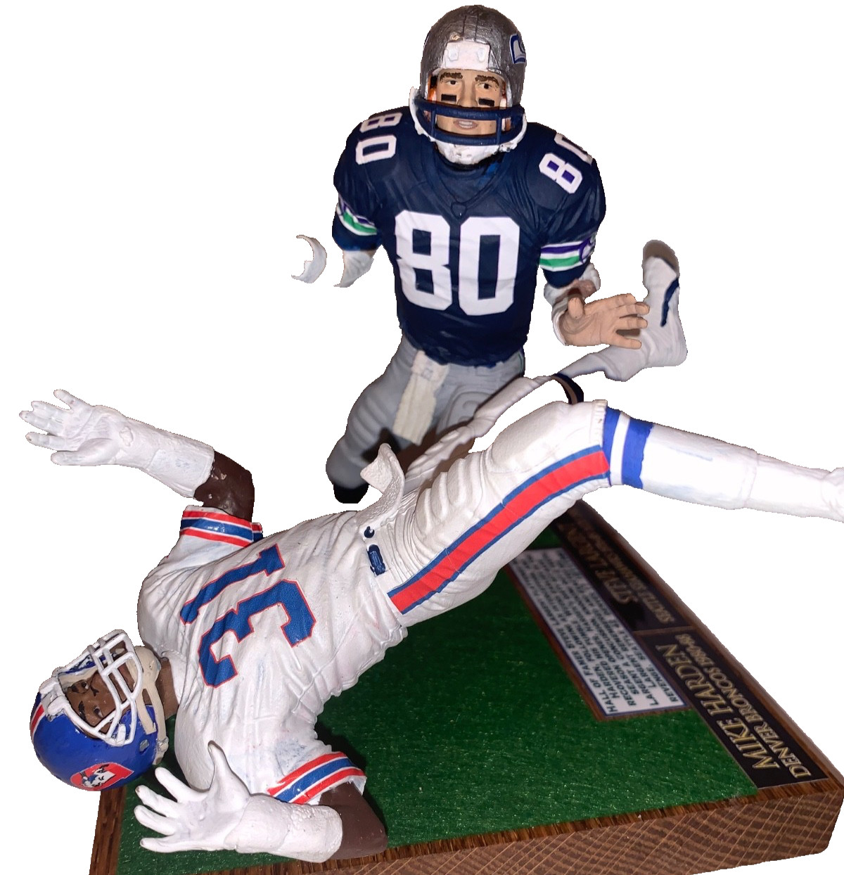 Custom McFarlane NFL football Seahawks Largent revenge hit on Bronco Mike Harden