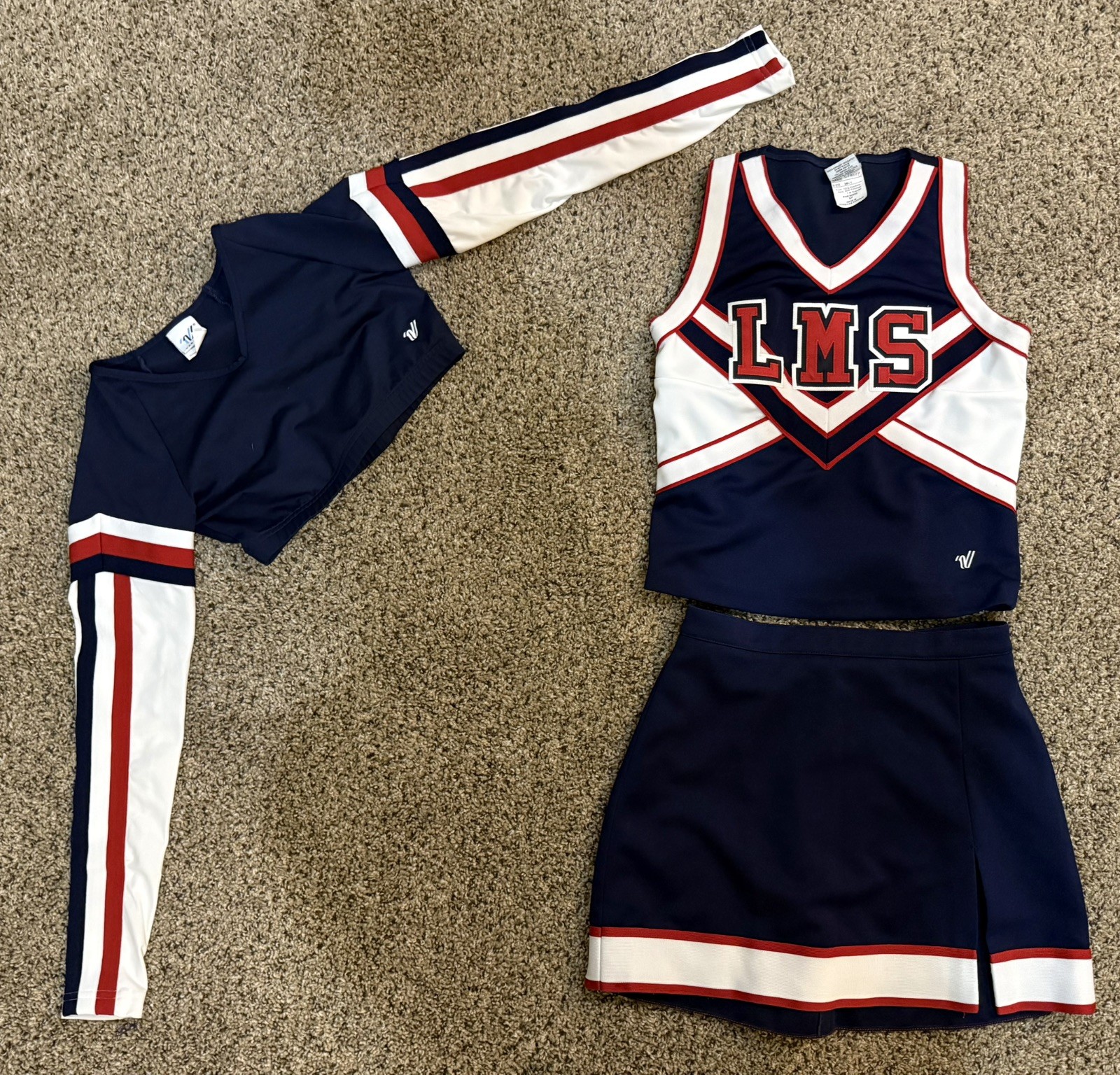 Varsity Spirit LMS 3 Piece Cheerleading Uniform Top Skirt Crop Top Navy Red EUC