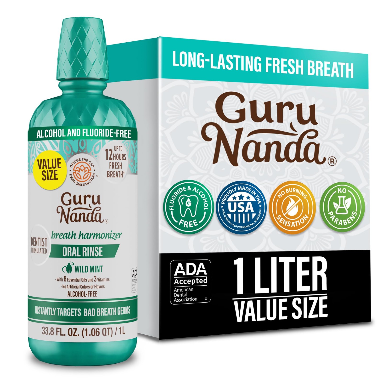 GuruNanda Fresh Breath Mouthwash 12-Hour Wild Mint ADA Accepted Alcohol-Free